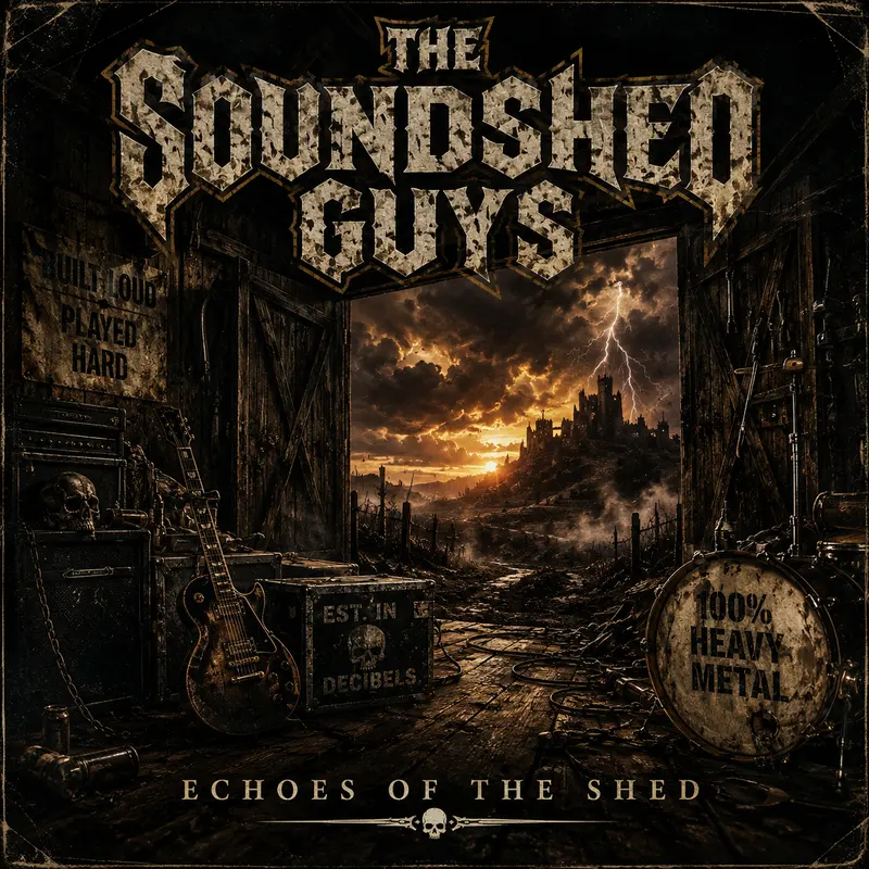 Album cover: Echoes of the Shed. A guitar and drum kit inside a barn doorway before a storm-lit valley