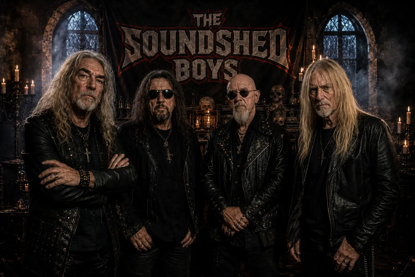 The four band members in black leather standing before a Soundshed Boys banner, candles and skulls behind them