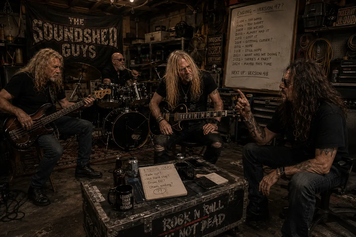 The band mid-argument in the practice shed, whiteboard tracking twenty years of endings for one song